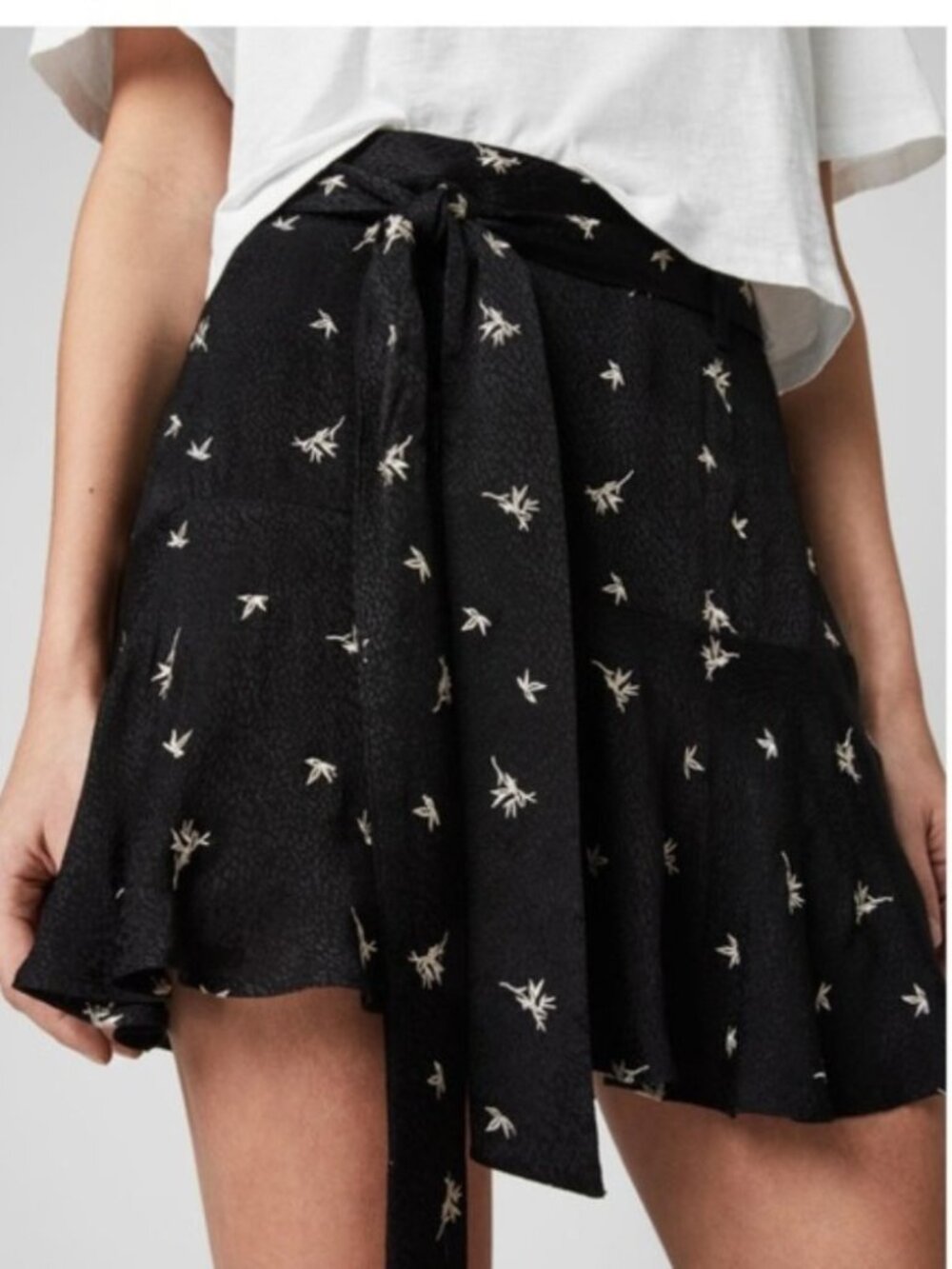 NWT All Saints Frida bamboo embroidered jacquard ruffle hem edgy tie belt skort